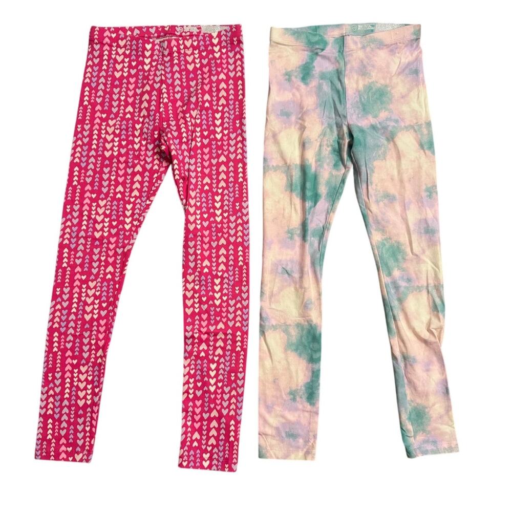 Girls Leggings Bundle 2 for 1 Pink Hearts and Blue Tie Dye Size 10-12
